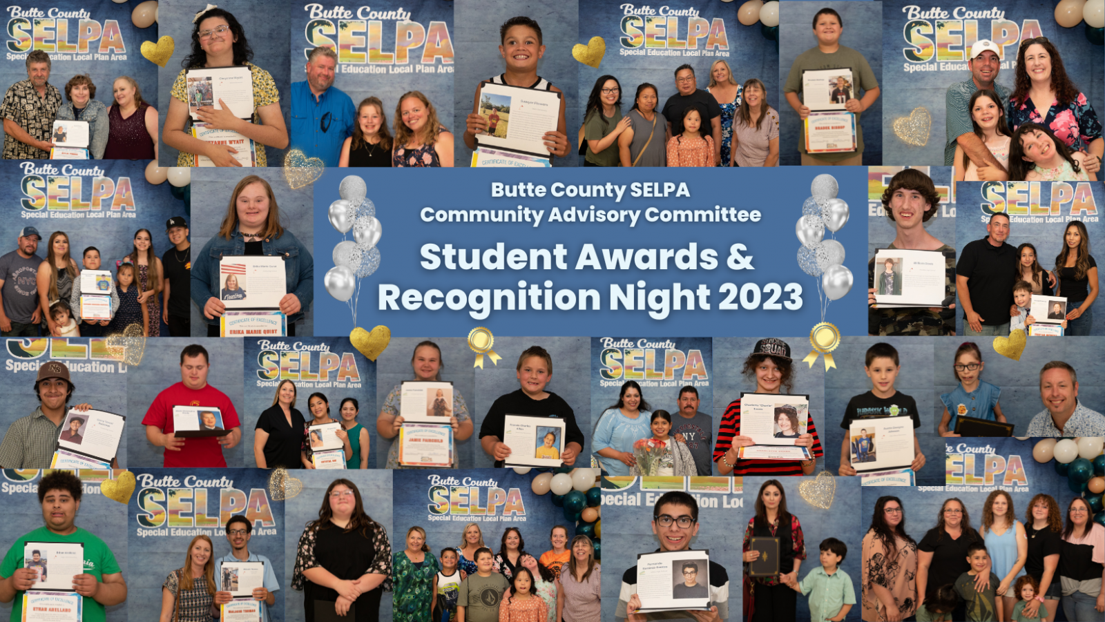 collage of over 20 students each receiving awards with the SELPA backdrop and balloons, many of them with their parents