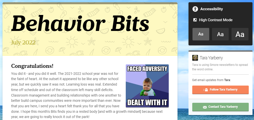 Part of the front page of the S'More Newsletter called "Behavior Bits" which links to the actual newsletter for more information and a video by the board certified behavior analyst.  This is the July edition.