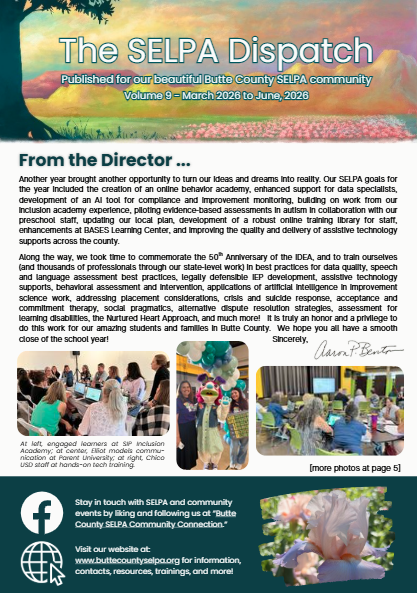 Image of the cover of the SELPA Dispatch newsletter for spring 2026 with a message from the director and some photos from the year in review.